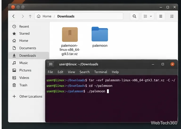 Linux file manager and terminal showing a Pale Moon tar archive, extracted folder, and launch command
