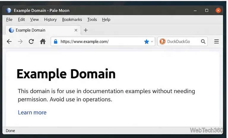 Pale Moon browser on Linux displaying Example Domain with the address bar and bookmark star visible