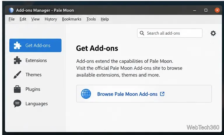 Pale Moon Add-ons Manager showing extension, theme, plugin, and language categories