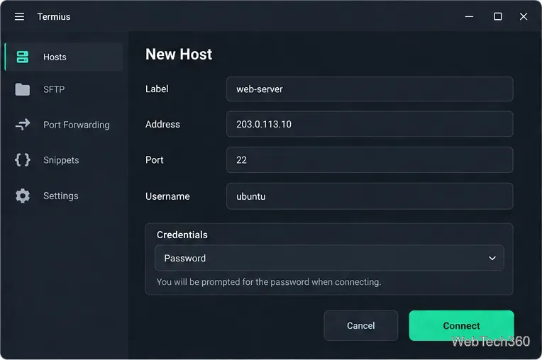 Formulaire Termius Nouvel hôte avec champs Étiquette, Adresse, Port, Nom d'utilisateur et Informations d'identification