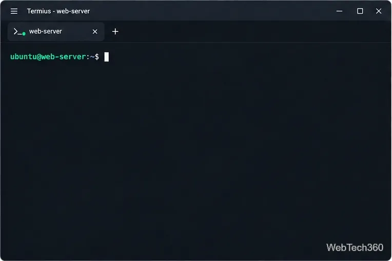 Session de terminal Termius ouverte sur le serveur web avec une invite de commande