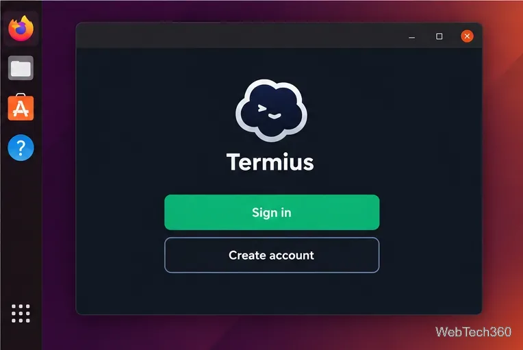 Écran d'accueil de Termius avec options de connexion et de création de compte