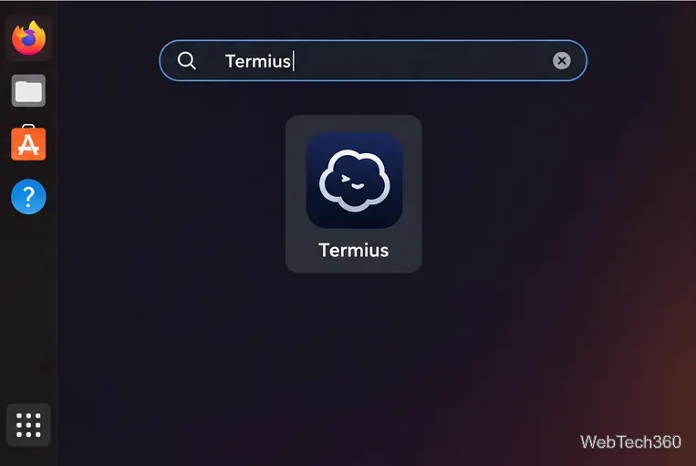 Recherche d'application Linux pour Termius avec son icône de lanceur