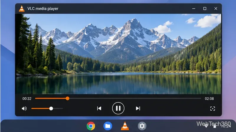 VLCがChromebookのウィンドウで動画を再生しており、タイムライン、音量、再生コントロールが表示されています。