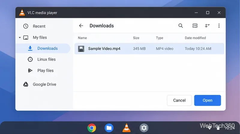 Linux版VLCのファイルピッカーの例。Chromebookのダウンロードフォルダ内で選択された動画が表示されています。