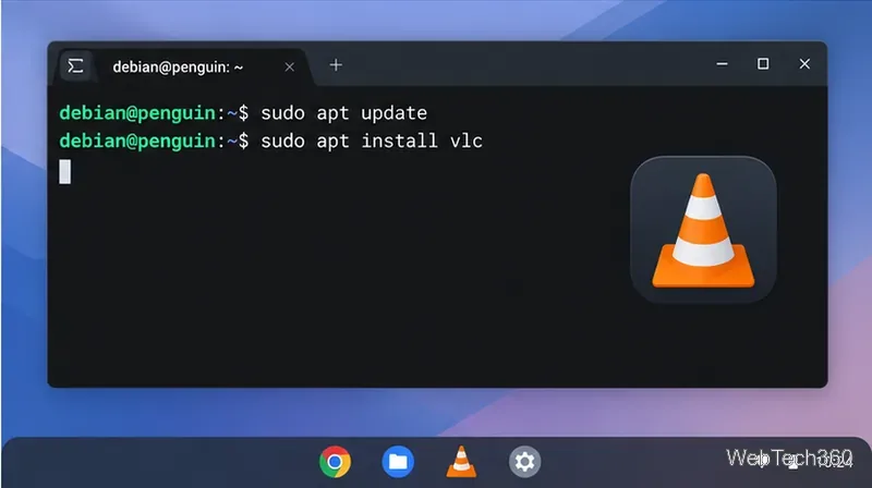 ChromebookのLinuxターミナルに、パッケージリストの更新とVLCのインストールを行うためのDebianコマンドを表示した。