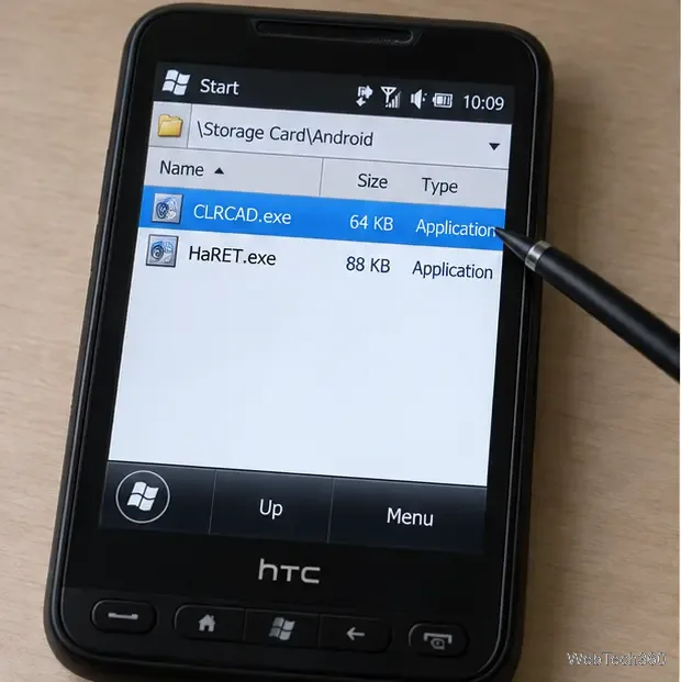 Windows Mobileファイルマネージャーで、Androidフォルダ内のCLRCAD.exeとHaRET.exeが表示され、CLRCAD.exeが選択されている。