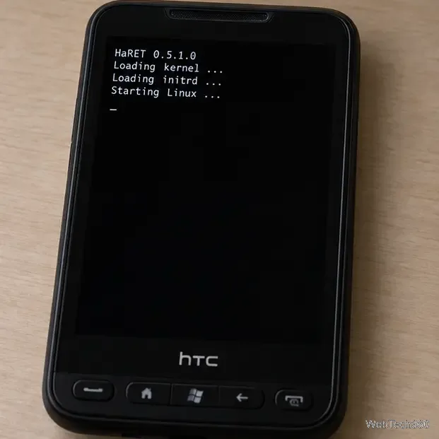HTC HD2のディスプレイにHaRETブートトランジションが表示され、Linuxが起動している。