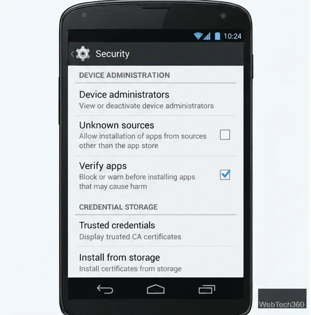 Иллюстративный экран настроек безопасности Jelly Bean с отключенной опцией «Неизвестные источники».
