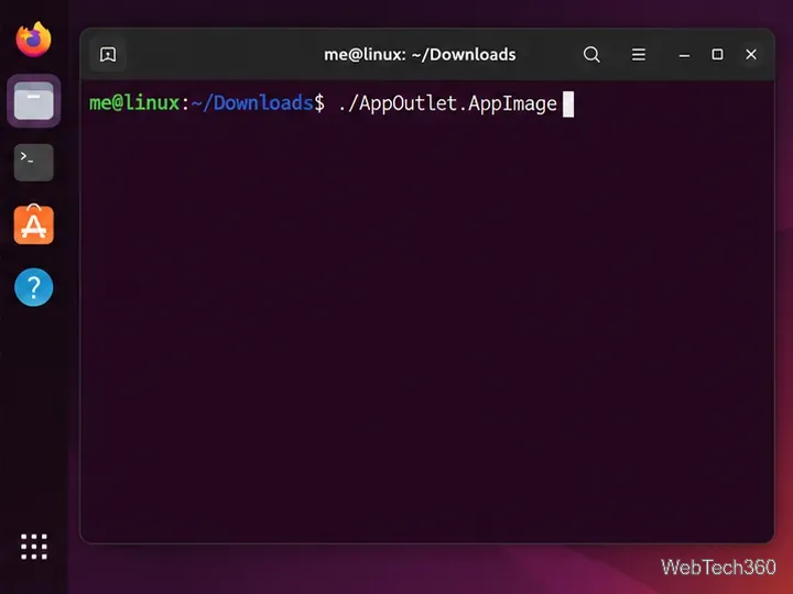 Terminal command for launching the App Outlet AppImage from Downloads