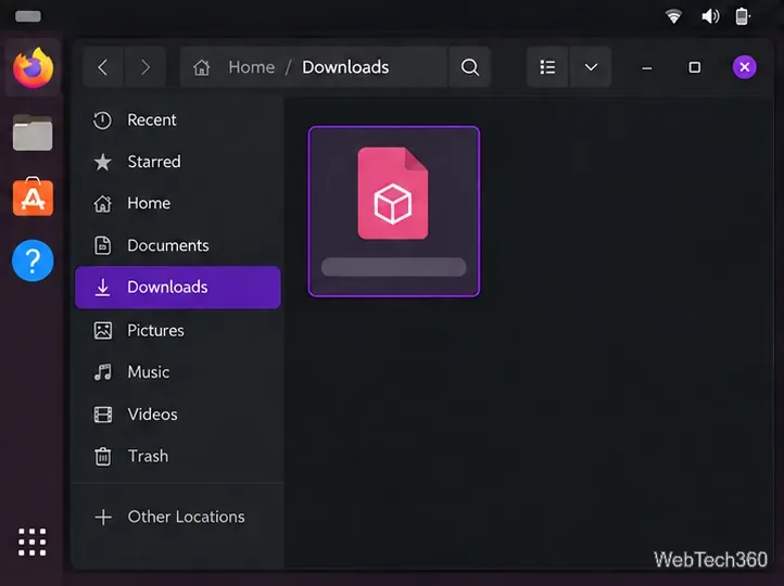 Linux Downloads folder with a downloaded App Outlet Debian package selected