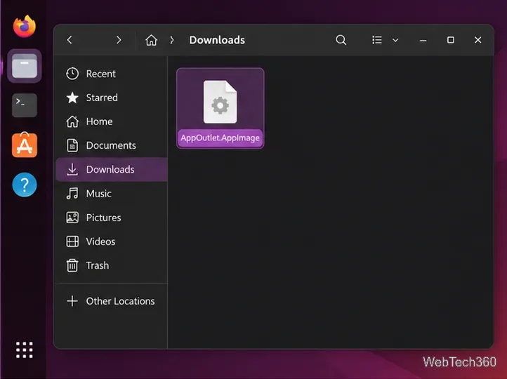 GNOME Files Downloads folder with the App Outlet AppImage file selected