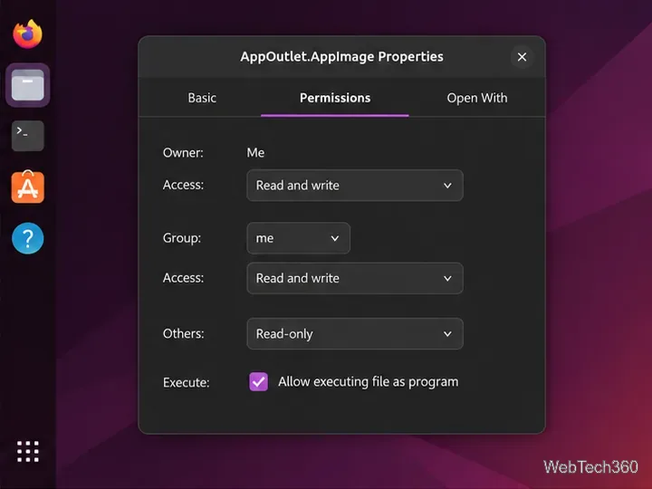 App Outlet AppImage Properties permissions tab with execution permission enabled