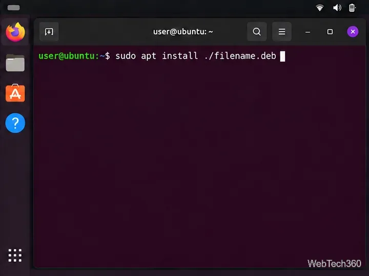 Ubuntu terminal with the APT command for installing a local Debian package