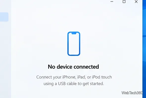 В окне «Устройства Apple» пользователю предлагается подключить iPhone или iPad с помощью USB-кабеля.