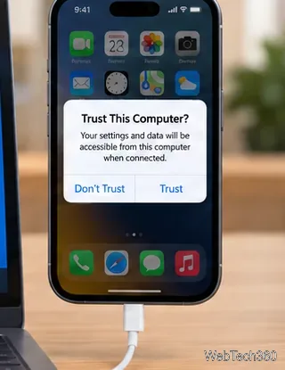 На iPhone, подключенном через USB, отображается сообщение «Доверять этому компьютеру».