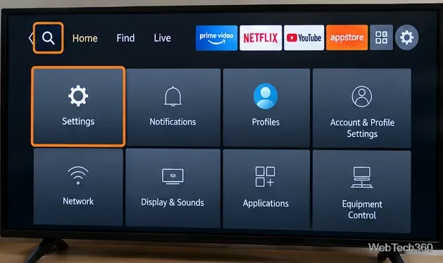 Télévision affichant la vignette des paramètres d'accueil Fire TV sélectionnée via le menu convivial à télécommande.