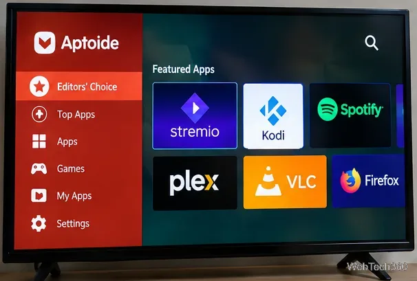 Interface Aptoide TV sur un téléviseur avec une barre latérale et des vignettes d'applications de divertissement sélectionnables.