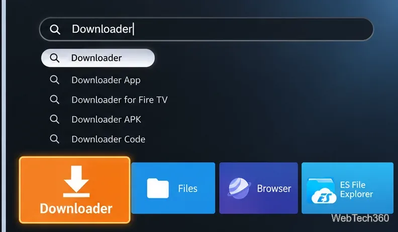 Page de recherche de type Fire TV affichant Downloader comme application sélectionnée.