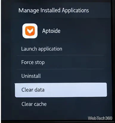 Le menu « Gérer les applications installées » de Fire TV affiche les commandes Aptoide pour forcer l'arrêt, effacer les données et vider le cache.
