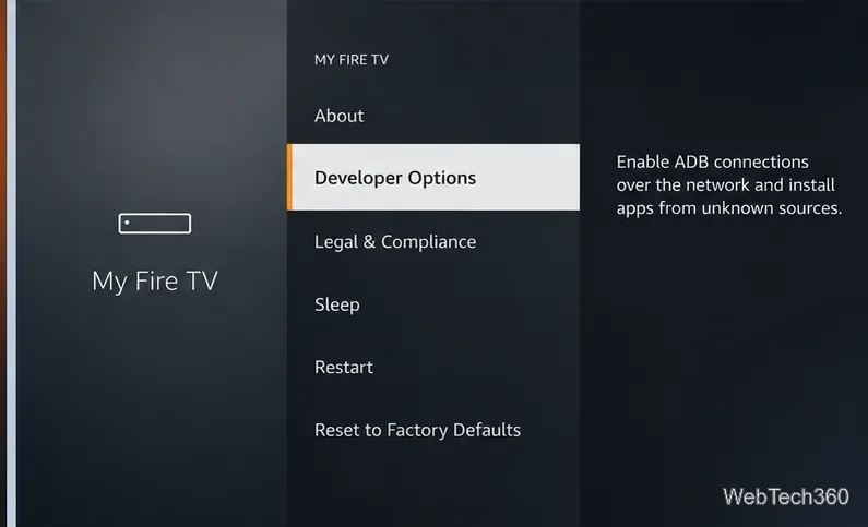 Mon sous-menu Fire TV avec les options pour les développeurs mises en évidence sous À propos.