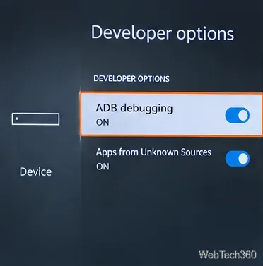 Écran des options pour développeurs illustrant les commandes distinctes de débogage ADB et d'applications provenant de sources inconnues.