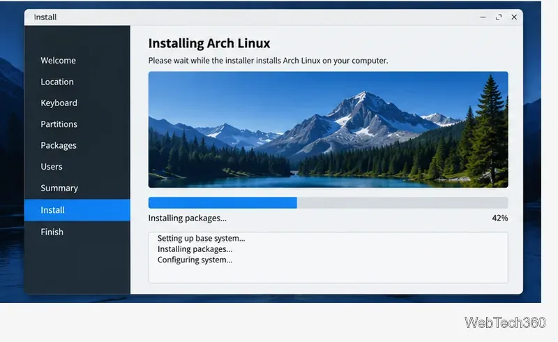 Calam Arch installation progress screen showing packages being installed and system configuration status