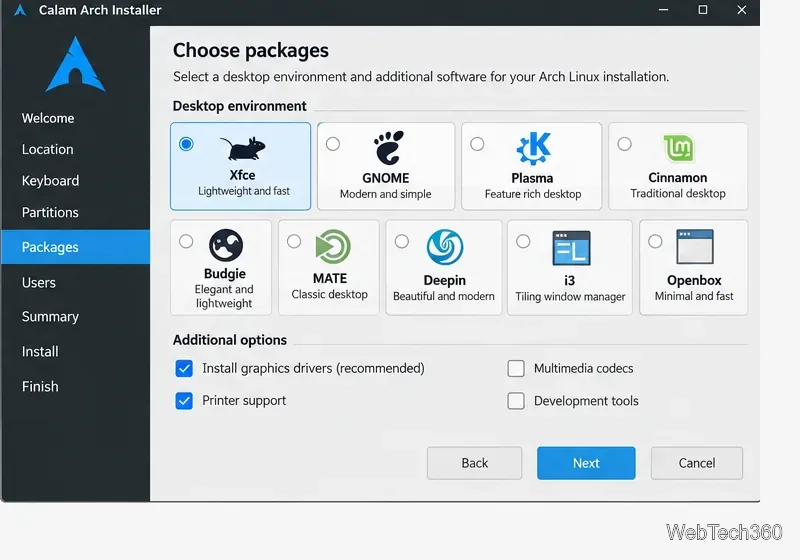 Calam Arch package selection screen showing desktop environments and optional software choices