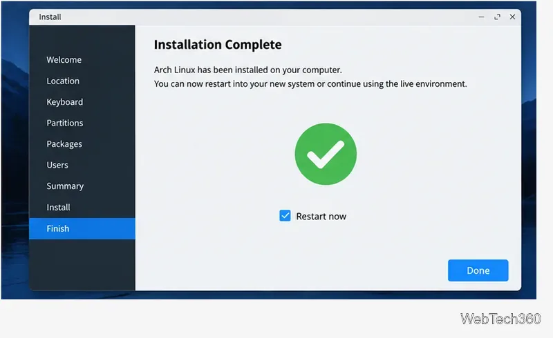 Calam Arch installation complete screen with restart option