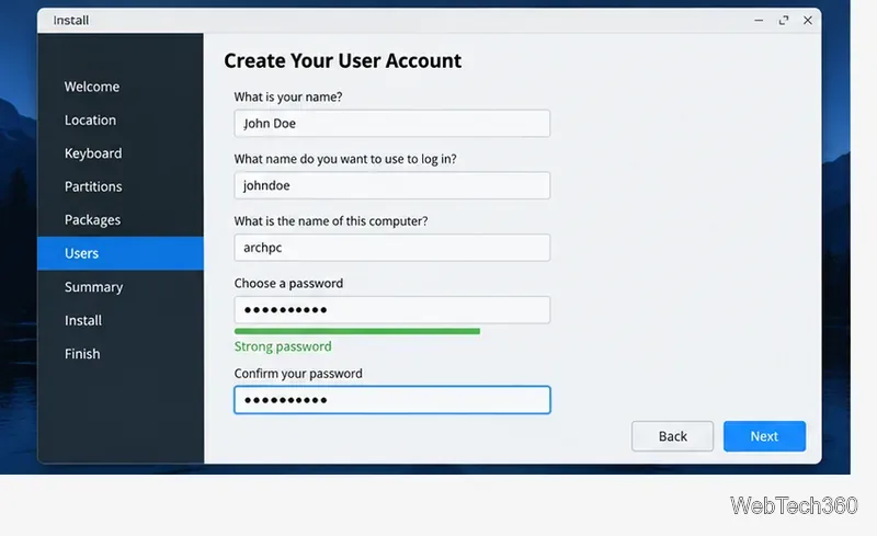 Calam Arch user account screen with name, login, computer name, and password fields