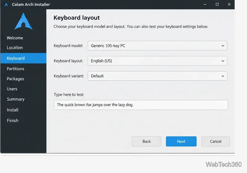 Calam Arch installer keyboard screen with model, layout, variant, and typing test fields