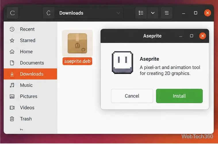 Linux file manager showing an Aseprite DEB package opened in a graphical installer