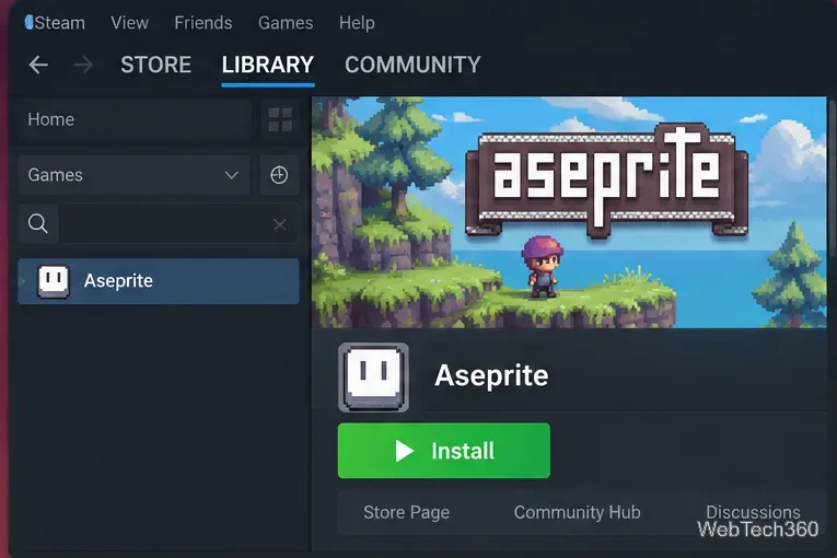 Steam library on Linux with Aseprite selected and an Install button