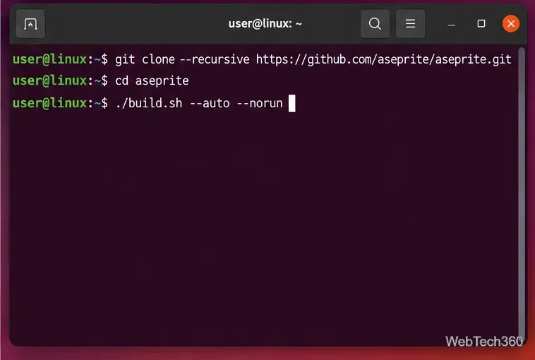 Linux terminal cloning the Aseprite repository and running the official build helper