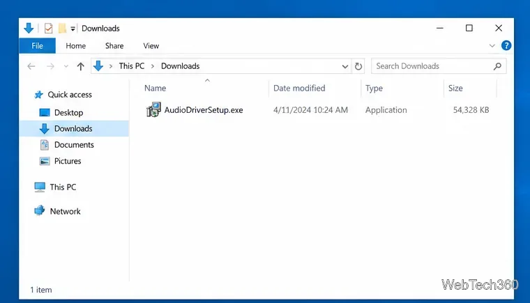 File Explorer Downloads folder containing a generic audio driver setup package
