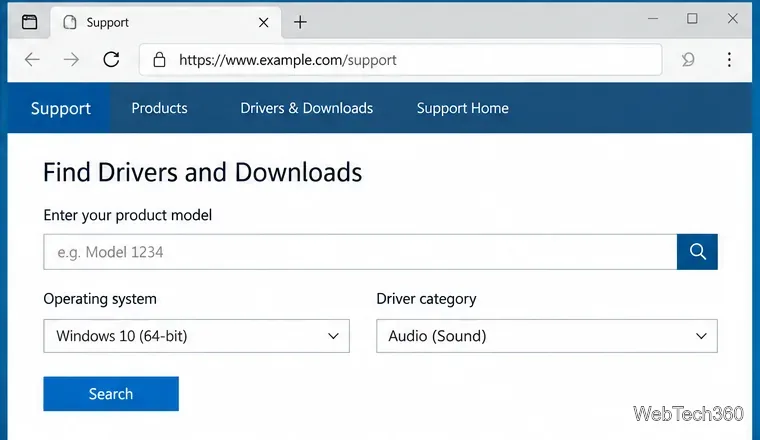 Generic manufacturer support page with Windows 10 selected and Audio Sound shown as the driver category