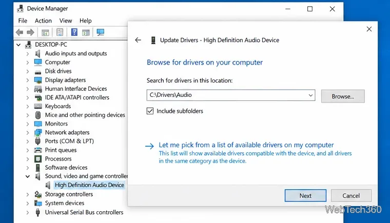 Device Manager Browse for drivers window pointing to an extracted audio driver folder