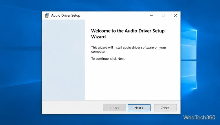 Audio driver setup wizard showing the Next button before installation