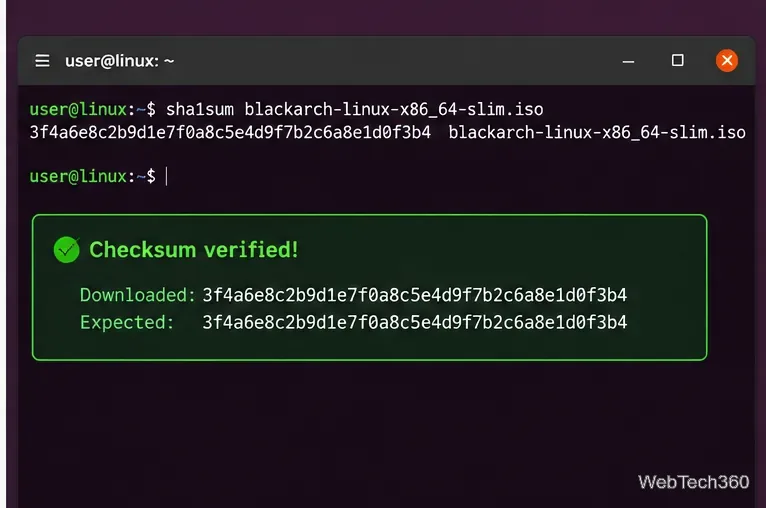 Fenêtre du terminal comparant la somme de contrôle d'une image ISO de BlackArch téléchargée avec la valeur attendue