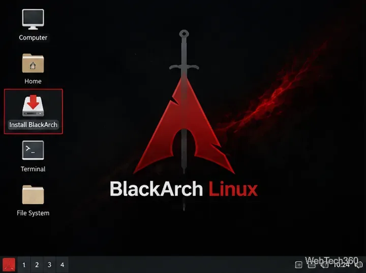 Bureau live BlackArch Linux avec le raccourci « Installer BlackArch » mis en évidence