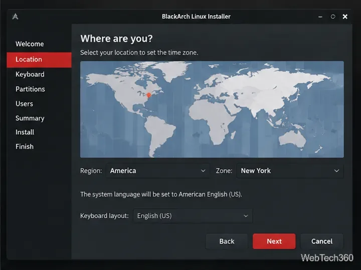 Écran de localisation de l'installateur BlackArch avec une carte du monde et des sélecteurs de région et de fuseau horaire