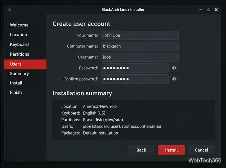 Formulaire de compte d'installation BlackArch et résumé de l'installation avant l'étape finale