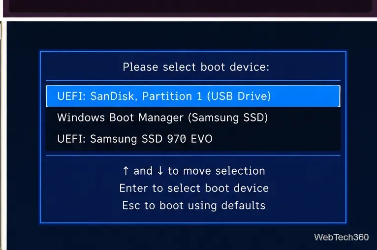 Menu de démarrage UEFI avec une clé USB mise en évidence au-dessus du SSD interne