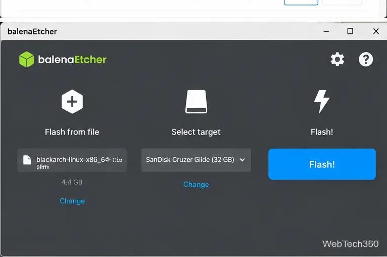 Interface balenaEtcher avec une image ISO BlackArch sélectionnée, une clé USB comme cible et le contrôle Flash
