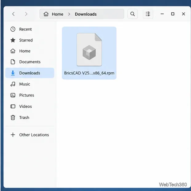 BricsCAD V25 RPM package selected in the Linux Downloads folder