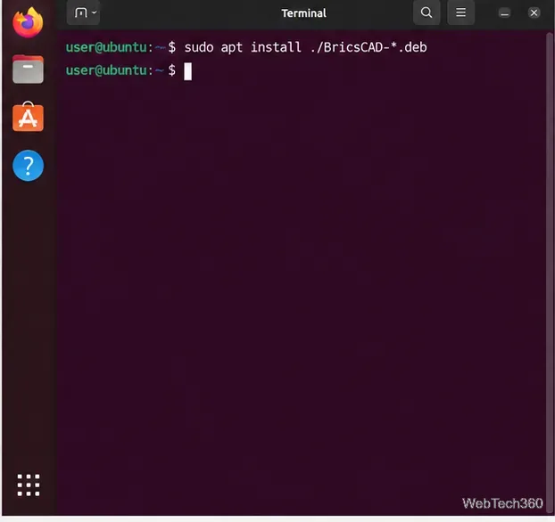 Ubuntu terminal showing the local BricsCAD DEB install command