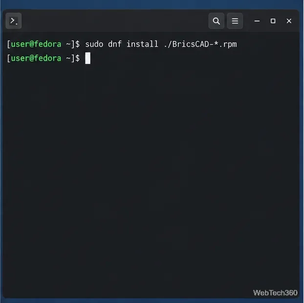 Fedora terminal with the DNF command for installing the BricsCAD RPM