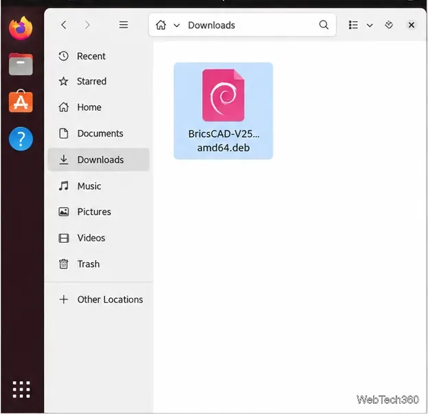 BricsCAD V25 DEB installer selected in the Linux Downloads folder