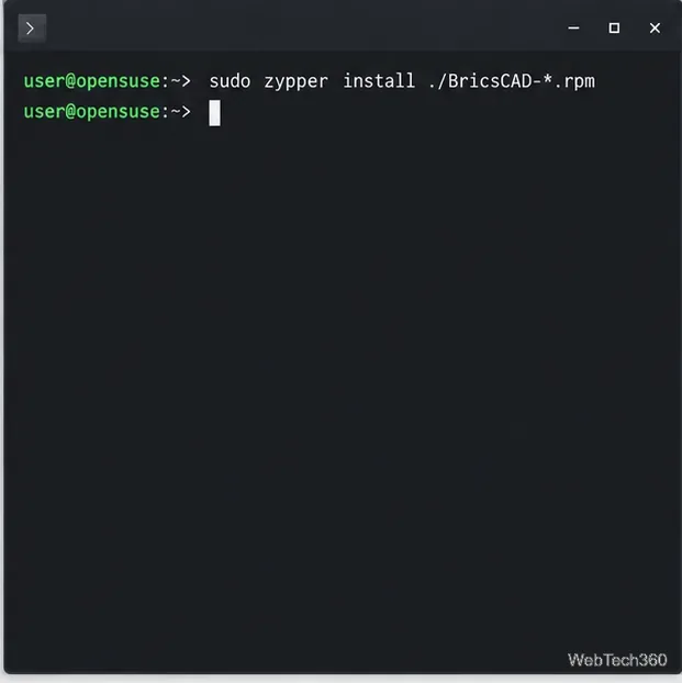 openSUSE terminal showing the Zypper command for a local BricsCAD RPM