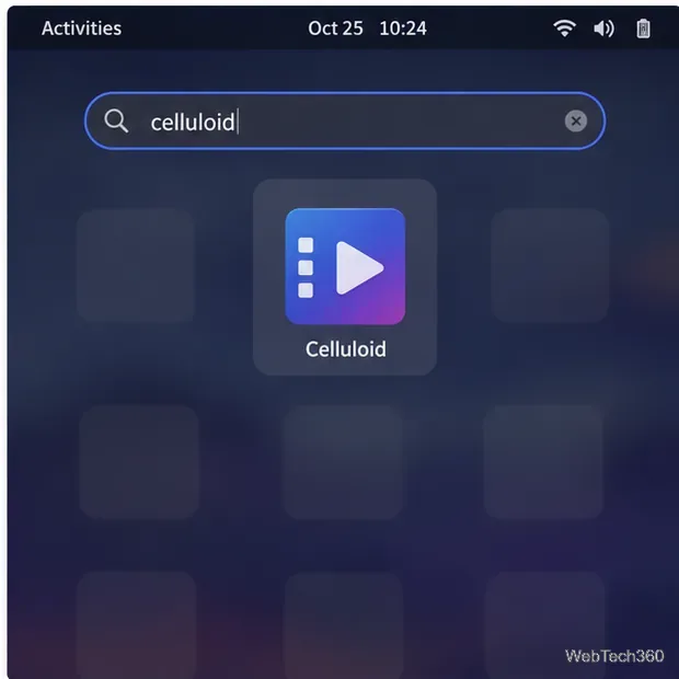 A grade de aplicativos Linux com o Celluloid visível como um aplicativo executável.